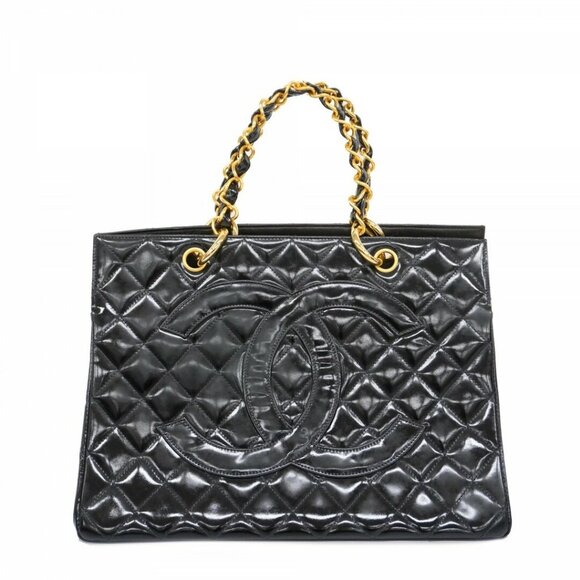 Authentic CHANEL 24K Patent Shopping Tote Quilted Chain Shoulder Bag Gold Purse - Picture 1 of 16